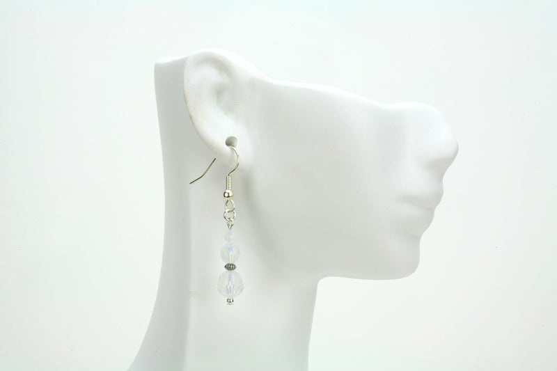 White Opal Three Bead October Birthstone Silver Earrings