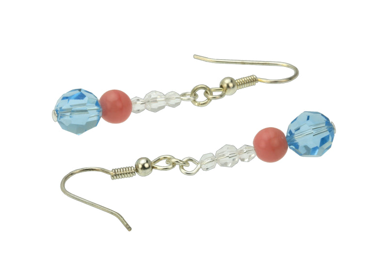 Aqua, Pink and Crystal Dangle Silver Earrings