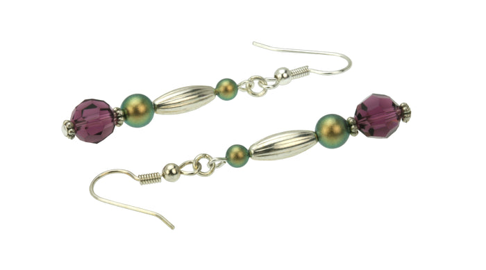 Amethyst and Iridescent Green Pearls Silver Dangle Earrings