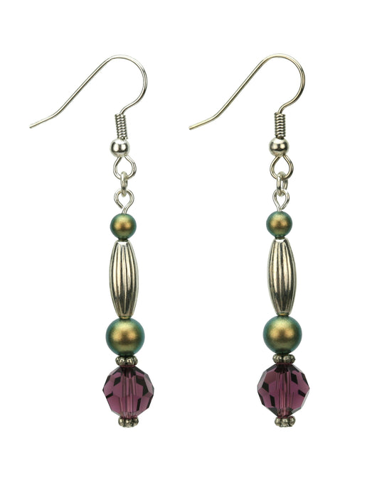 Amethyst and Iridescent Green Pearls Silver Dangle Earrings