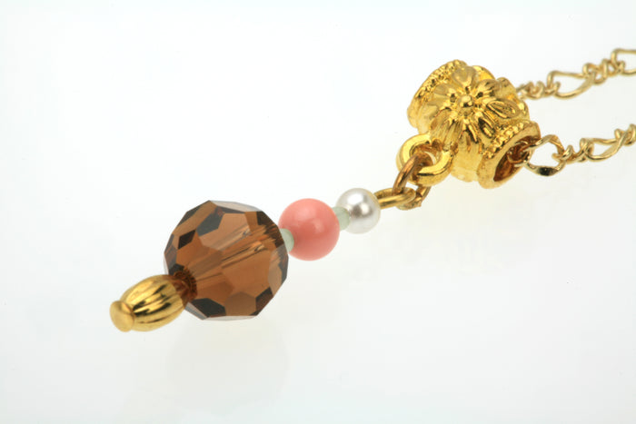 Smoked Topaz, Coral and White Pearl Gold Pendant