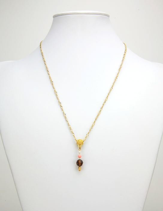 Smoked Topaz, Coral and White Pearl Gold Pendant