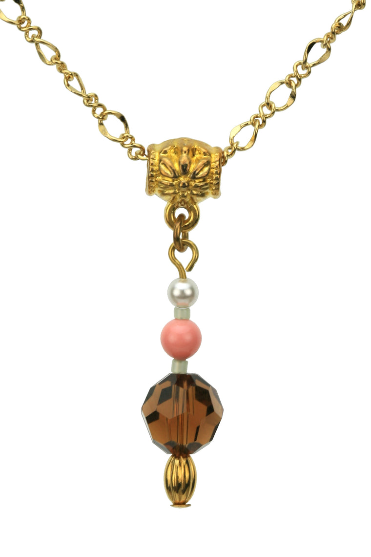 Smoked Topaz, Coral, and White Pearl Gold Pendant