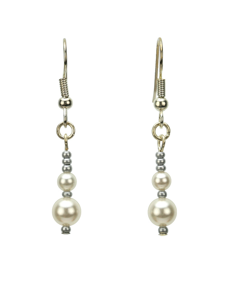 Double White Pearls and Seed Beads Silver Earrings