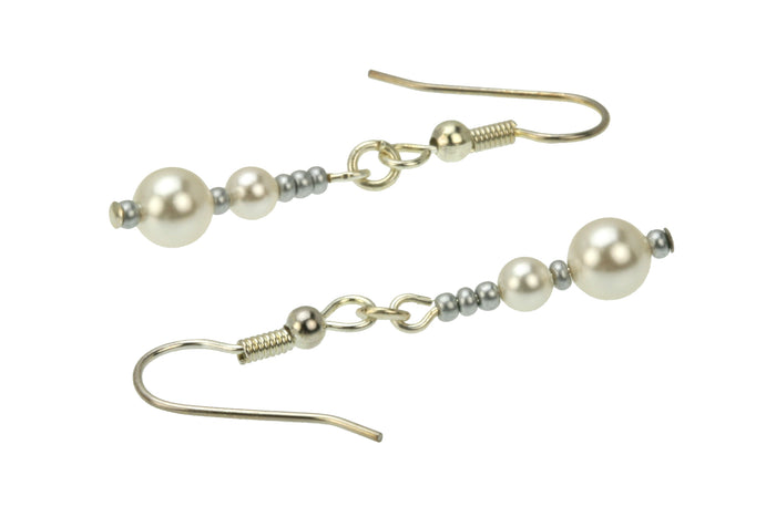 Double White Pearls and Seed Beads Silver Earrings