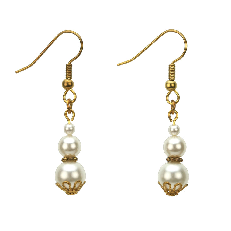 Triple White Pearl Gold Earrings