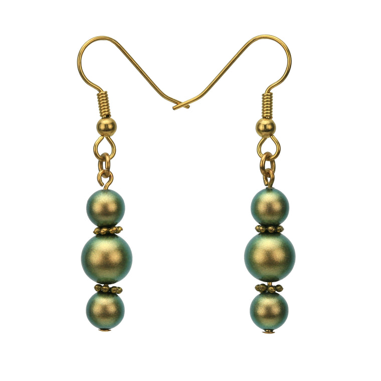 Iridescent Green Pearls Gold Dangle Earrings