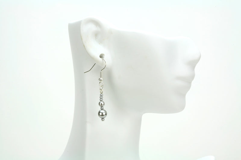 Double Light Grey Pearls and Seed Beads Silver Earrings
