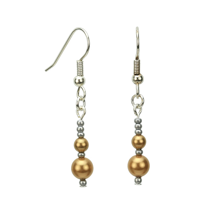 Double Bright Gold Pearls and Seed Beads Silver Earrings