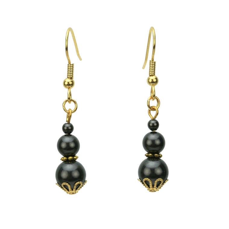 Triple Black Pearl Gold Earrings