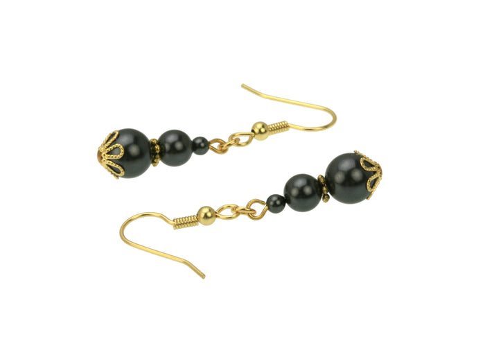Triple Black Pearl Gold Earrings