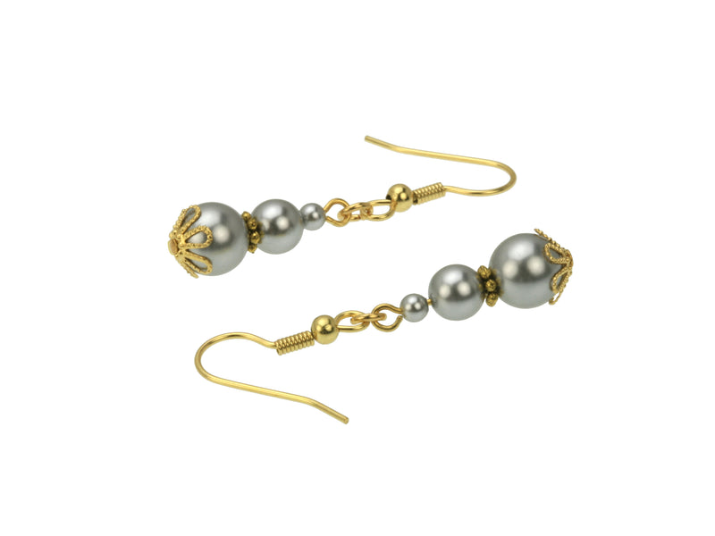 Triple Light Grey Pearl Gold Earrings