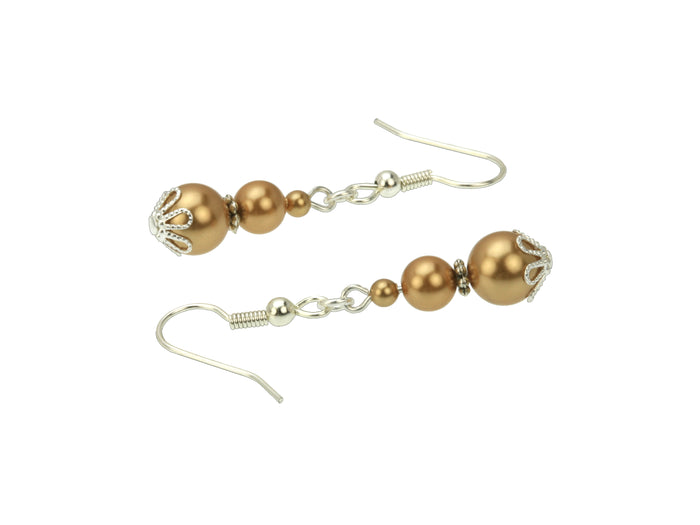 Triple Bright Gold Pearl Silver Earrings