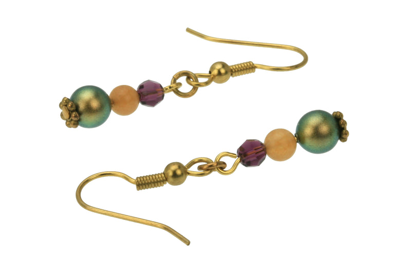 Iridescent Green Pearls, Aventurine & Amethyst Gold Dangle Earrings