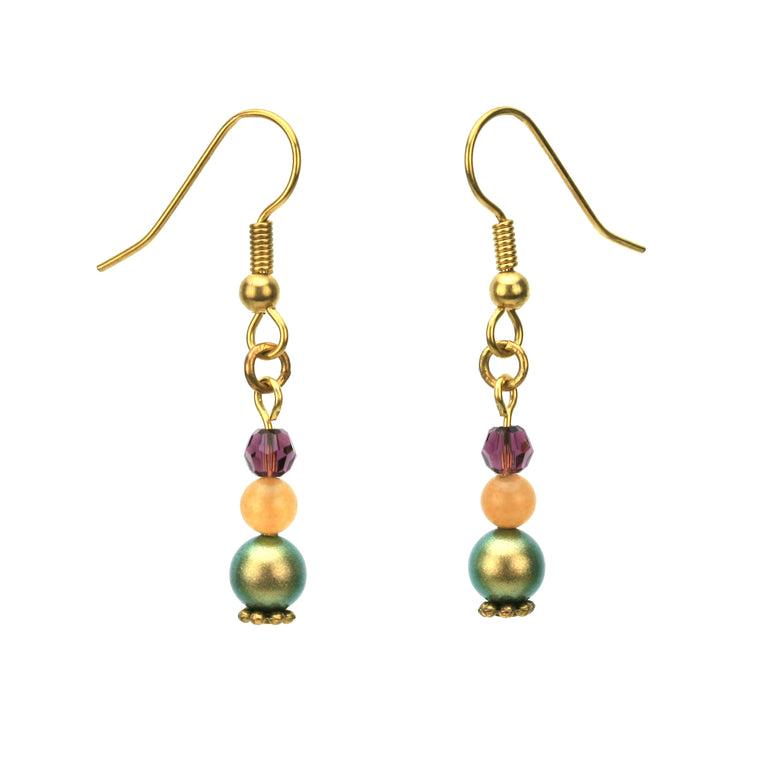 Iridescent Green Pearls, Aventurine and Amethyst Gold Dangle Earrings