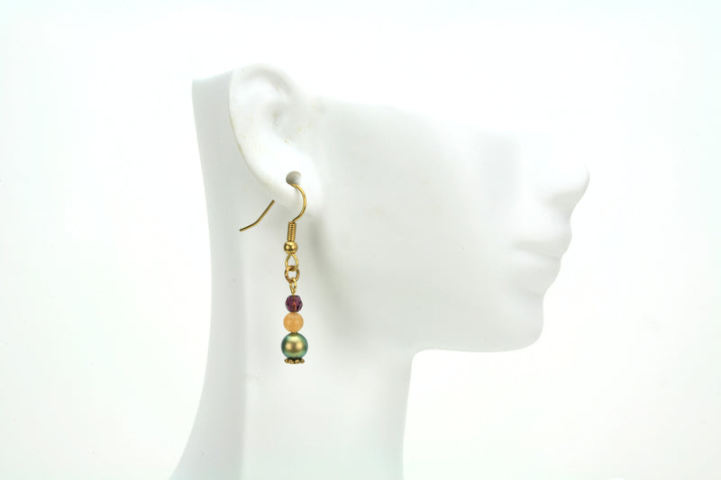 Iridescent Green Pearls, Aventurine & Amethyst Gold Dangle Earrings