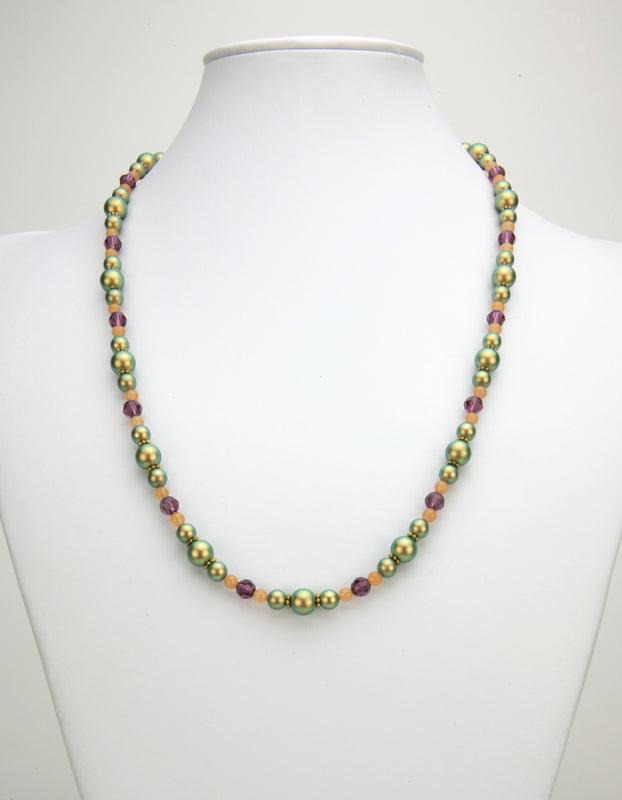 Iridescent Green Pearls, Aventurine & Amethyst Gold Necklace