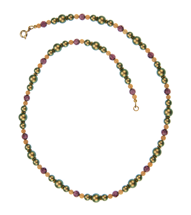 Iridescent Green Pearls, Aventurine and Amethyst Gold Necklace