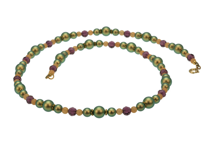 Iridescent Green Pearls, Aventurine & Amethyst Gold Necklace