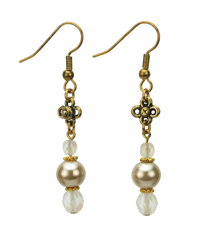 Beige Pearls and Opal Gold Earrings