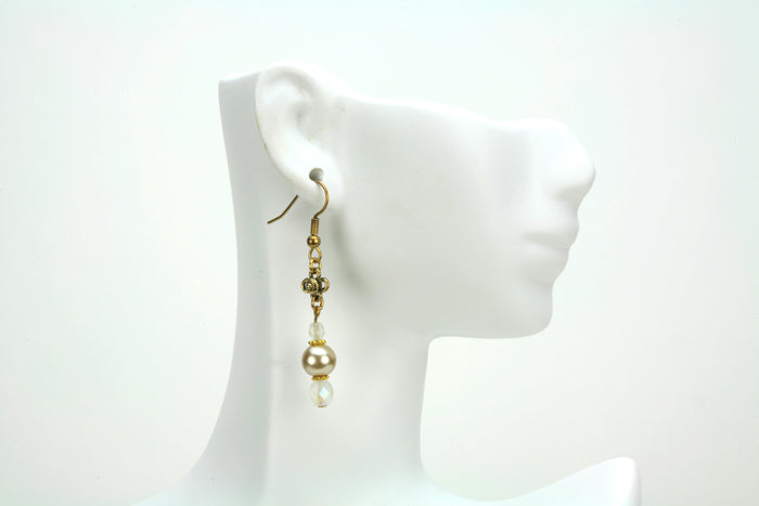 Beige Pearls and Opal Gold Earrings