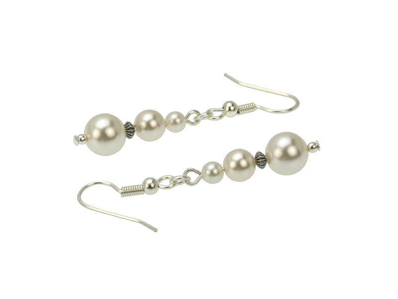 Pearl Three Bead June Birthstone Silver Earrings