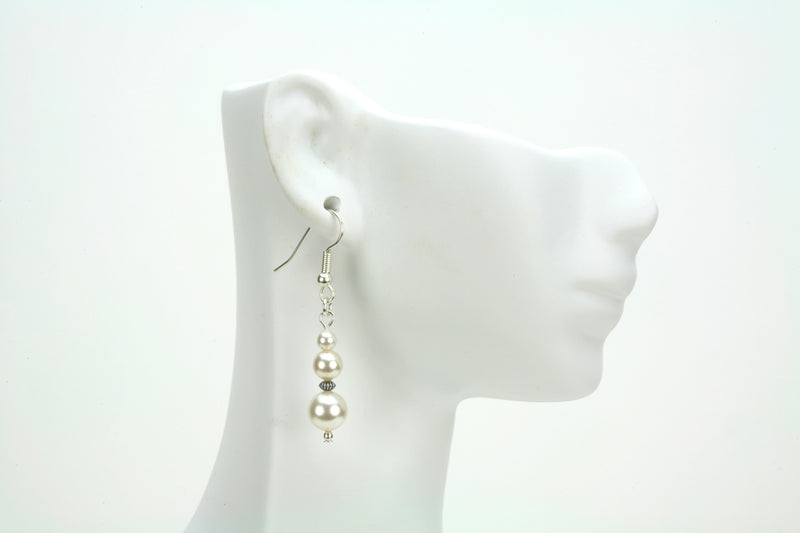 Pearl Three Bead June Birthstone Silver Earrings