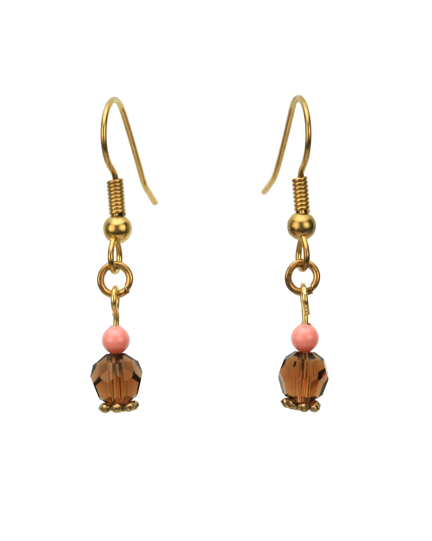 Smoked Topaz and Pink Coral Gold Dangle Earrings