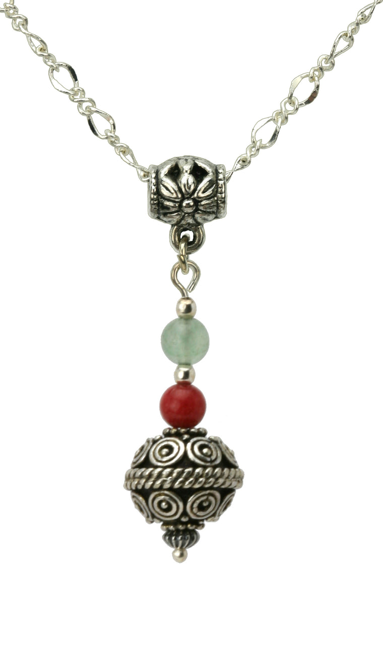 Green Aventurine, Red Mountain Jade and Antique Silver Ball Silver Pendant