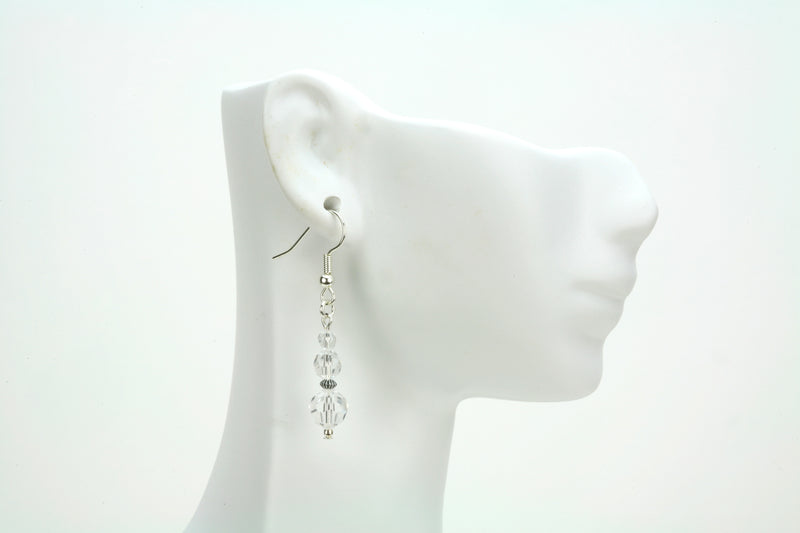 Crystal Three Bead April Birthstone Silver Earrings
