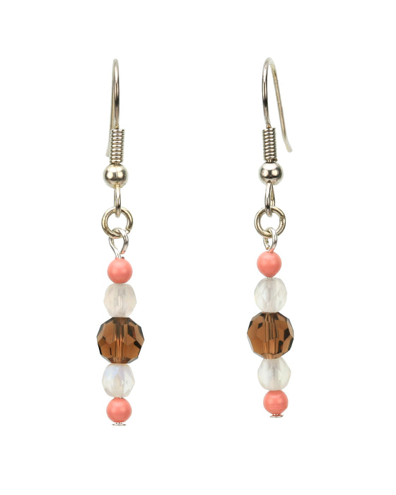 Pink Coral, Smoked Topaz and Opal Silver Dangle Earrings