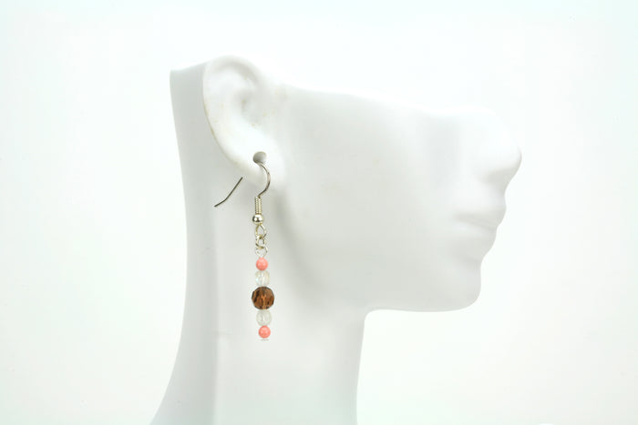 Pink Coral, Smoked Topaz and Opal Silver Dangle Earrings