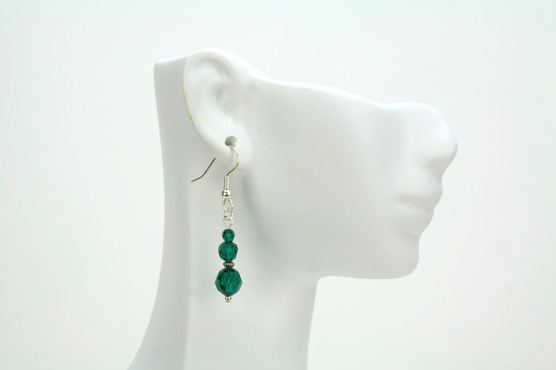 Emerald Three Bead May Birthstone Silver Earrings