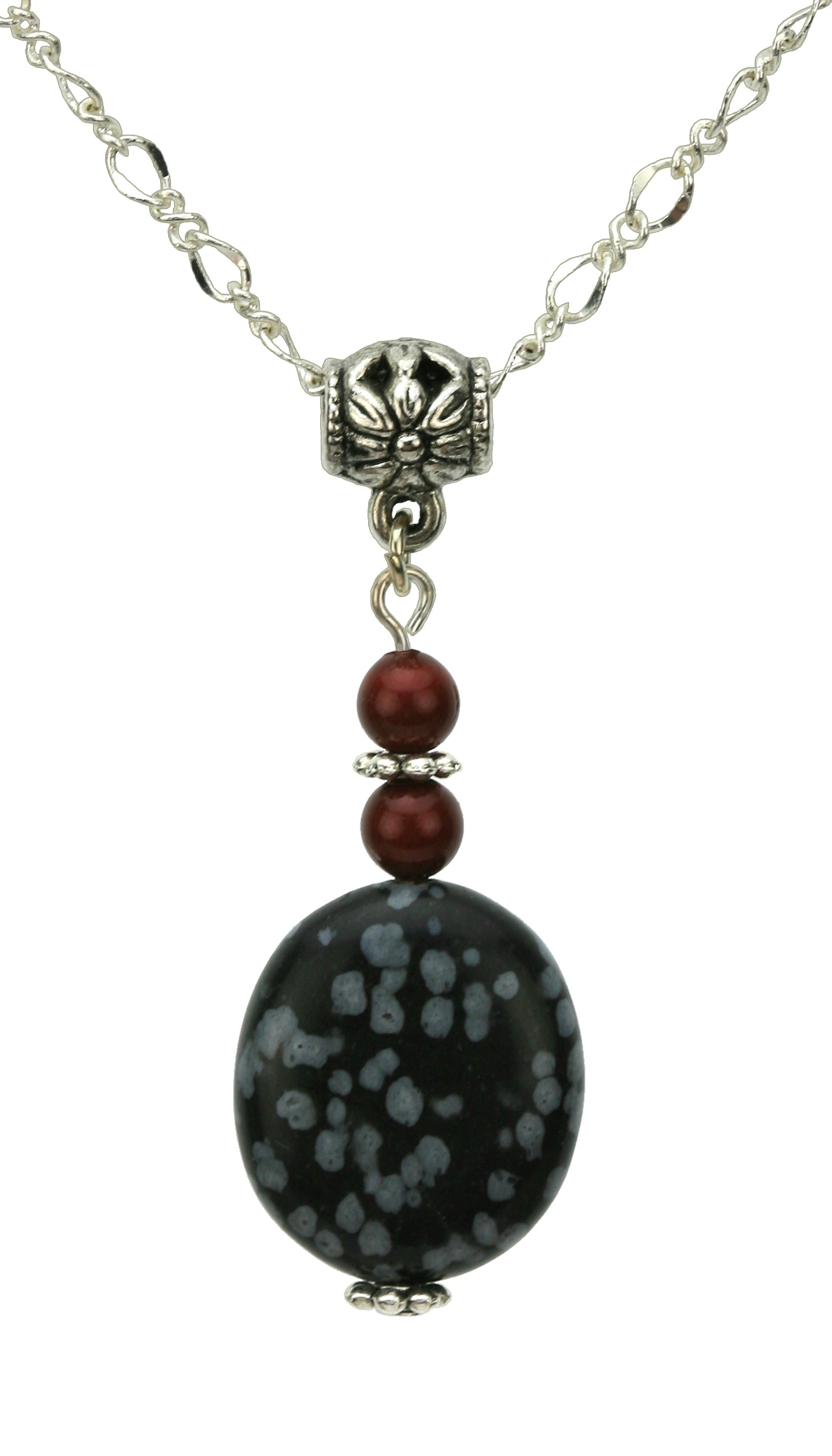 Snow Obsidian and Bordeaux Pearls Silver Pendant