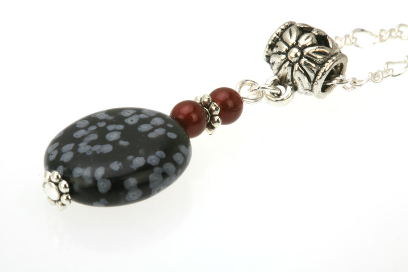 Snow Obsidian and Bordeaux Pearls Silver Pendant