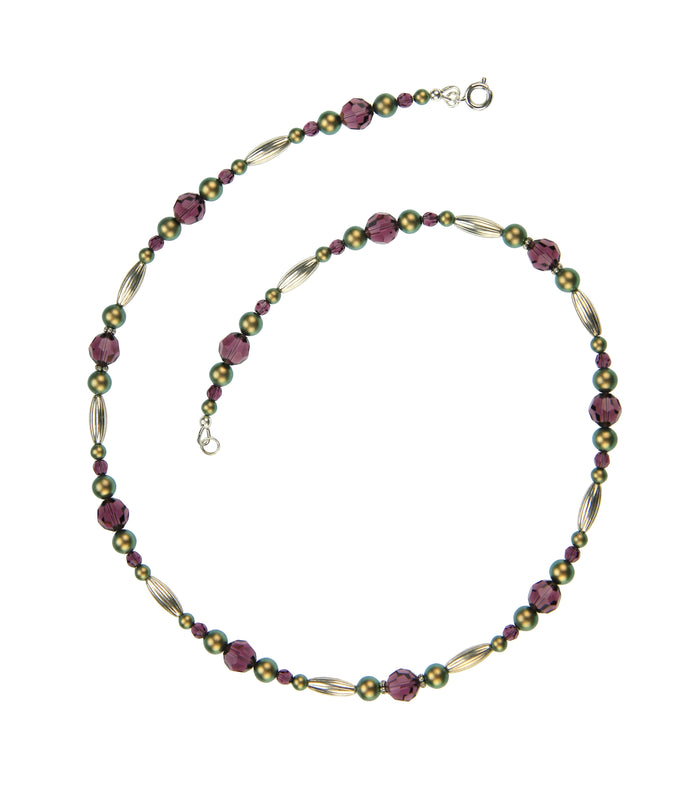 Amethyst and Iridescent Green Pearls Silver Necklace