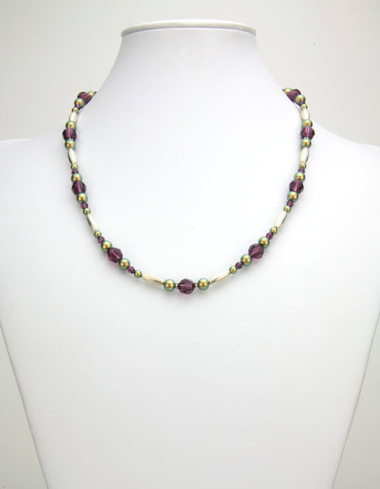 Amethyst and Iridescent Green Pearls Silver Necklace