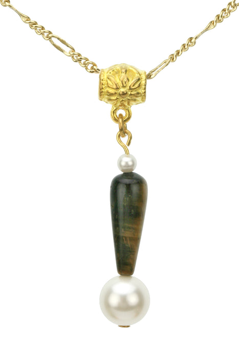 Tiger-Eye Teardrop and White Pearl Gold Pendant