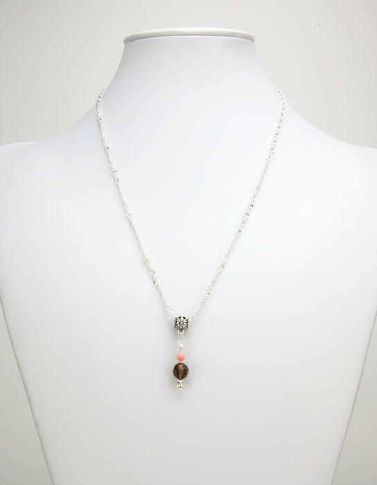 Smoked Topaz, Coral, and White Pearl Silver Pendant
