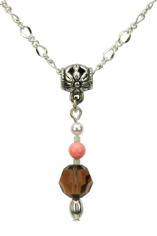 Smoked Topaz, Coral, and White Pearl Silver Pendant