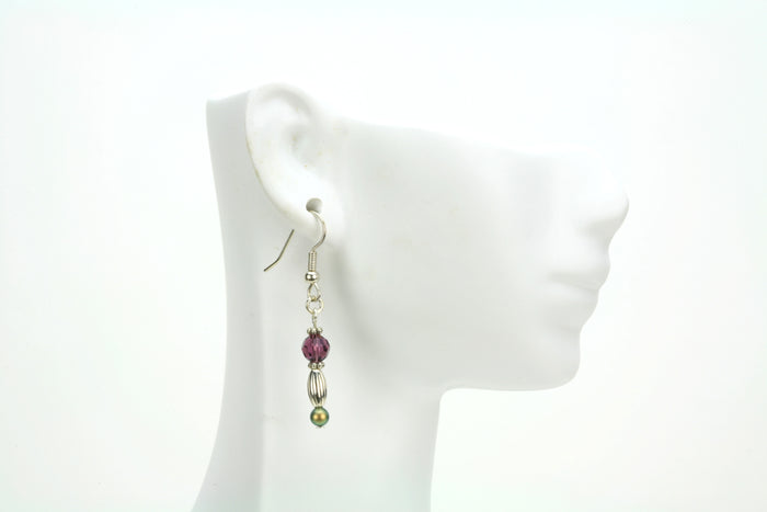 Amethyst, Iridescent Green Pearls and Silver Dangle Earrings