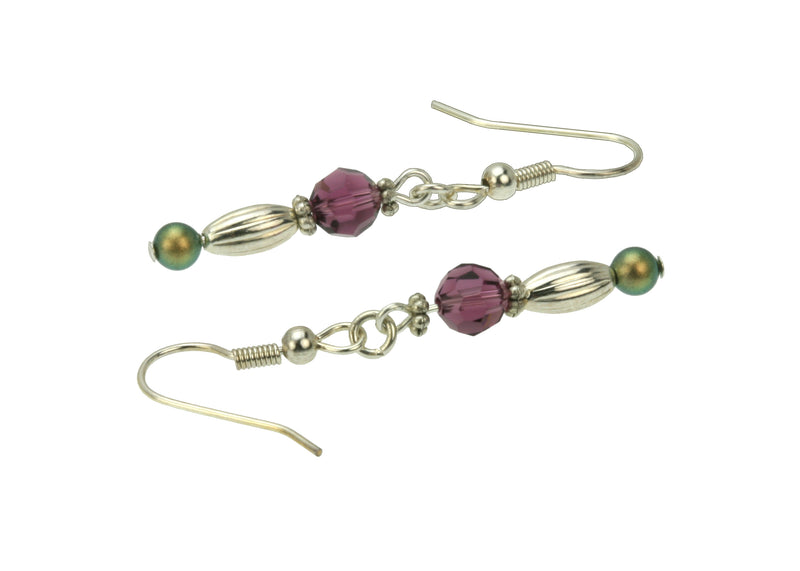 Amethyst, Iridescent Green Pearls and Silver Dangle Earrings