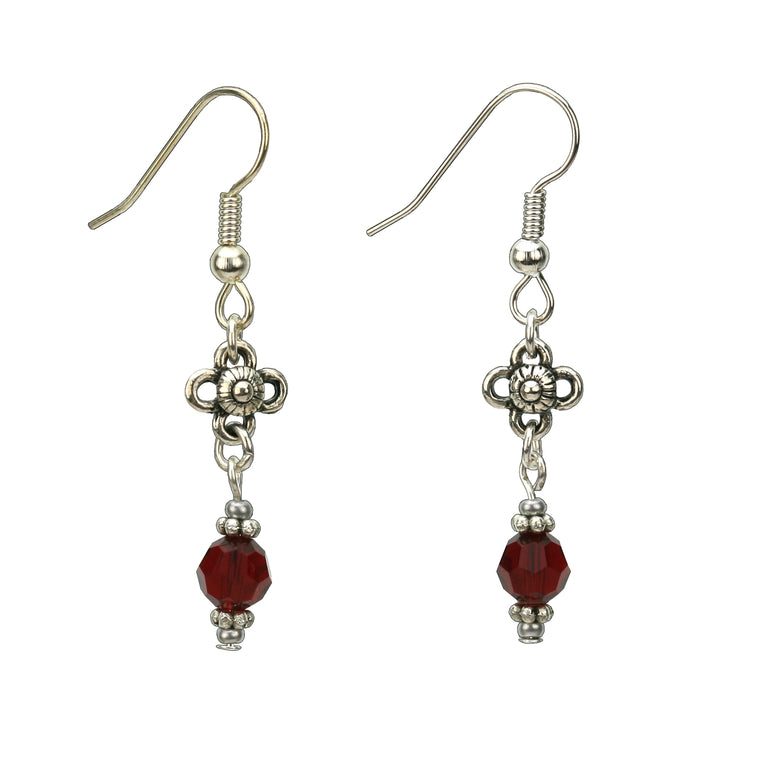 Siam and Flower Silver January Birthstone Earrings
