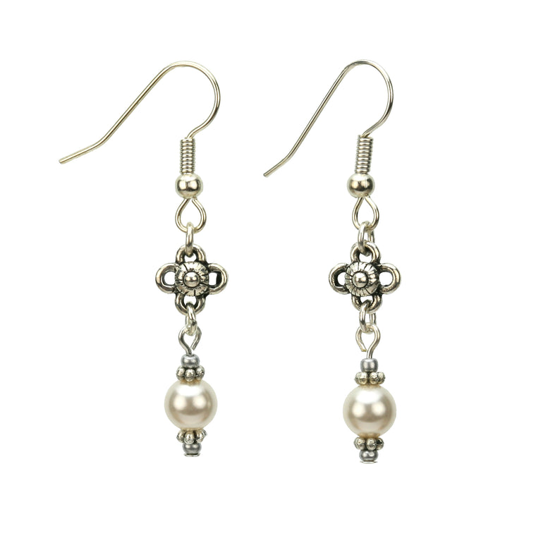 Pearl and Flower Silver June Birthstone Earrings