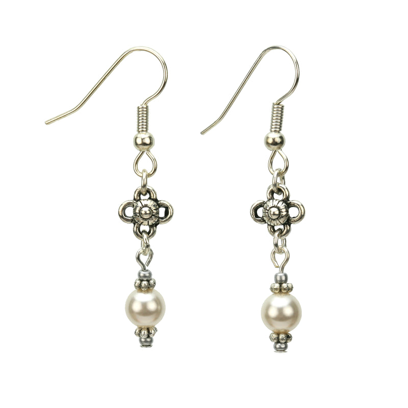 Pearl and Flower Silver May Birthstone Earrings