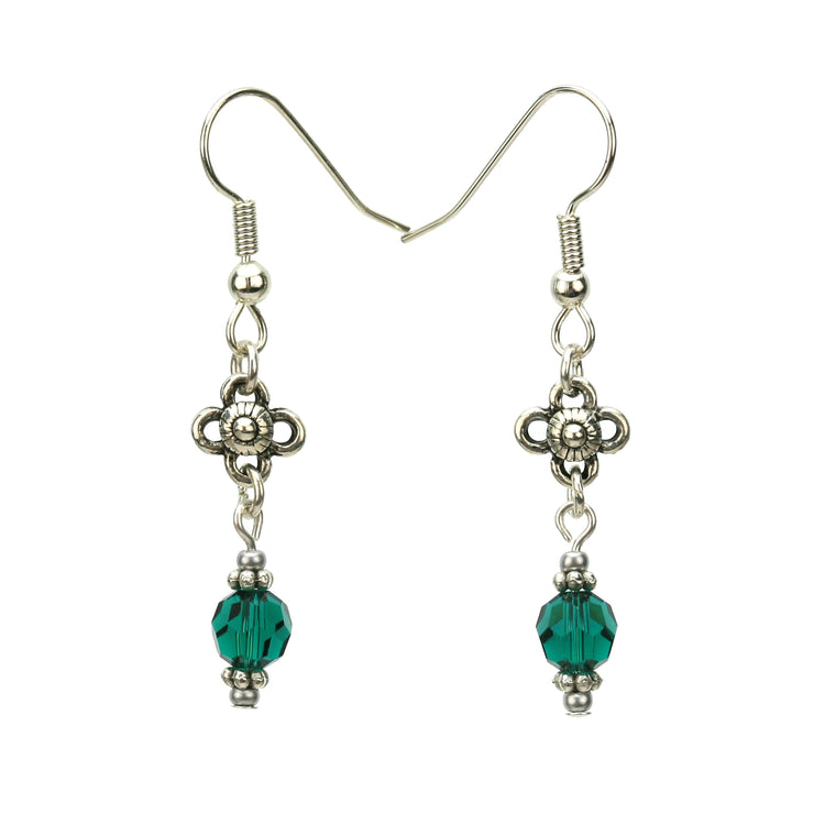 Emerald and Flower Silver May Birthstone Earrings