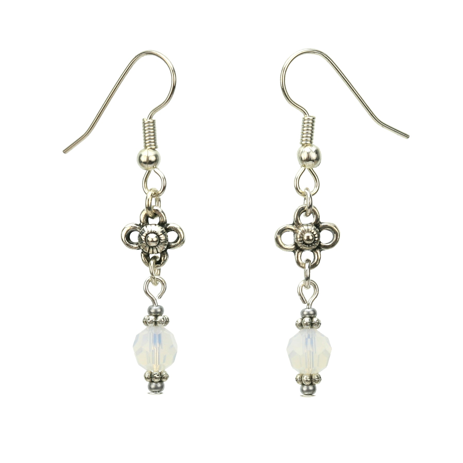 White Opal and Flower Silver October Birthstone Earrings
