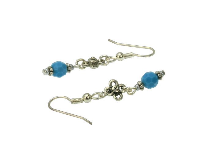Turquoise and Flower Silver December Birthstone Earrings
