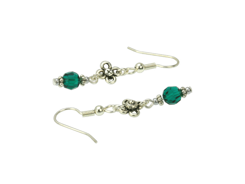 Emerald and Flower Silver May Birthstone Earrings