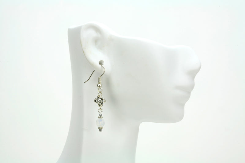 White Opal and Flower Silver October Birthstone Earrings